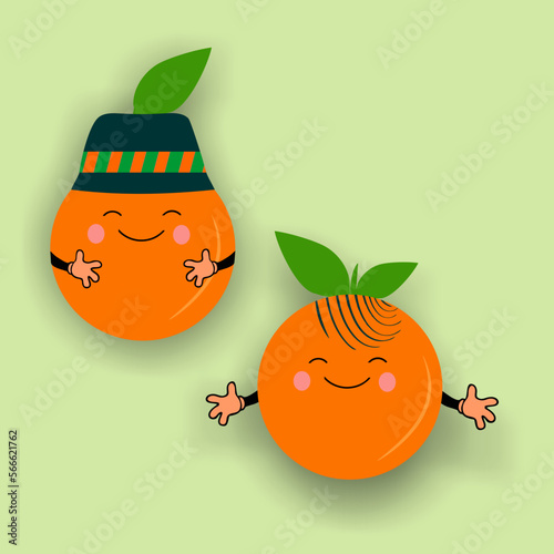 Satisfied and cute oranges with hands, eyes. Cartoon oranges he and she, in a hat and with green leaves. sticker. Vector illustration., sticker, orange, happy, hat, eyes, hands, mouth, citrus, leaves,