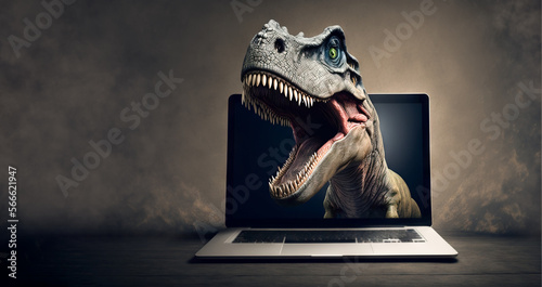 T Rex dinosaur, Tyrannosaurus rex breaking out of a laptop . Big aggressive dino is coming out of the computer very aggressive with mouth open and sharp teeth showing . Generative ai photo