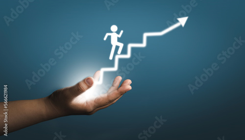 Business Success Concept, Customer Journey. Hand Helping and Supporting Customer to Success with Care, Shareholder, Partnership or Employee Jumping Forward on Arrow Up from low to High.