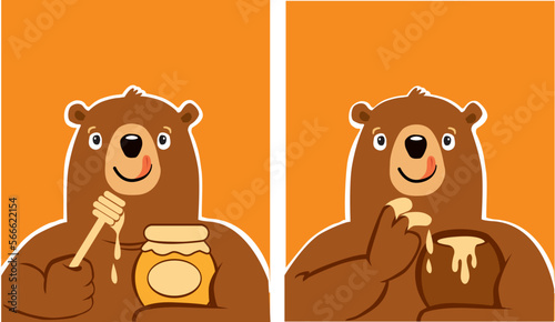 cartoon funny bear holding honey sticks with honey and jar of honey 