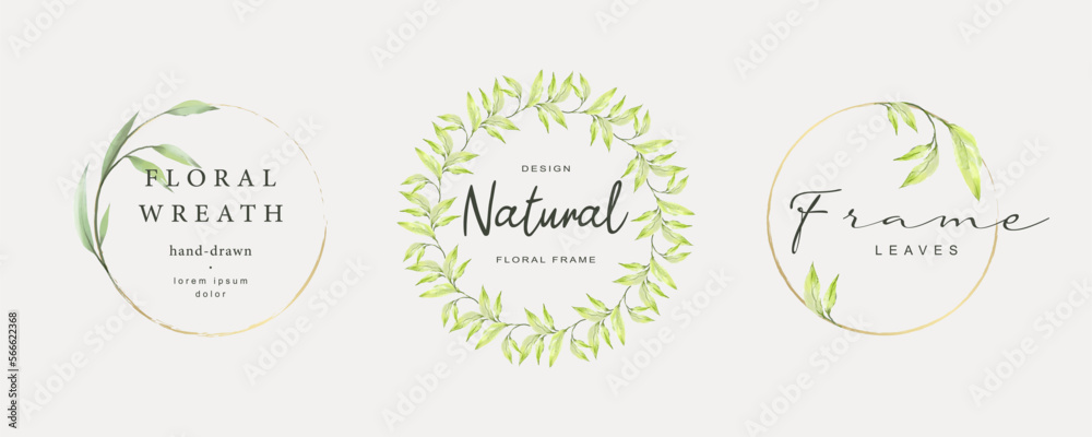 Spring floral frames. Elegant vintage wreath, logo with watercolor leaves and golden line. Vector illustration for labels, corporate identity, wedding invitations