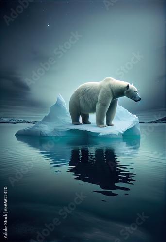 Generative AI illustration of lonely white bear on iceberg  aurora sky