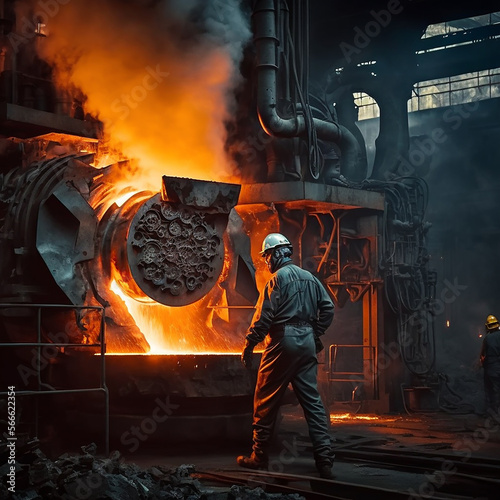 Metallurgical plant for the production of steel and metal. The steelmaker stands near the blast furnace. Generative AI. The concept of the metallurgical industry.