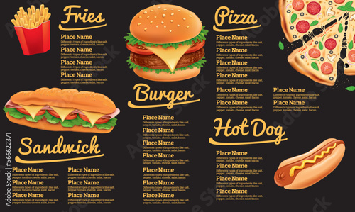 Fast food menu on black chalkboard with hamburger, fries, hotdog,  sandwich, baguette, pizza,