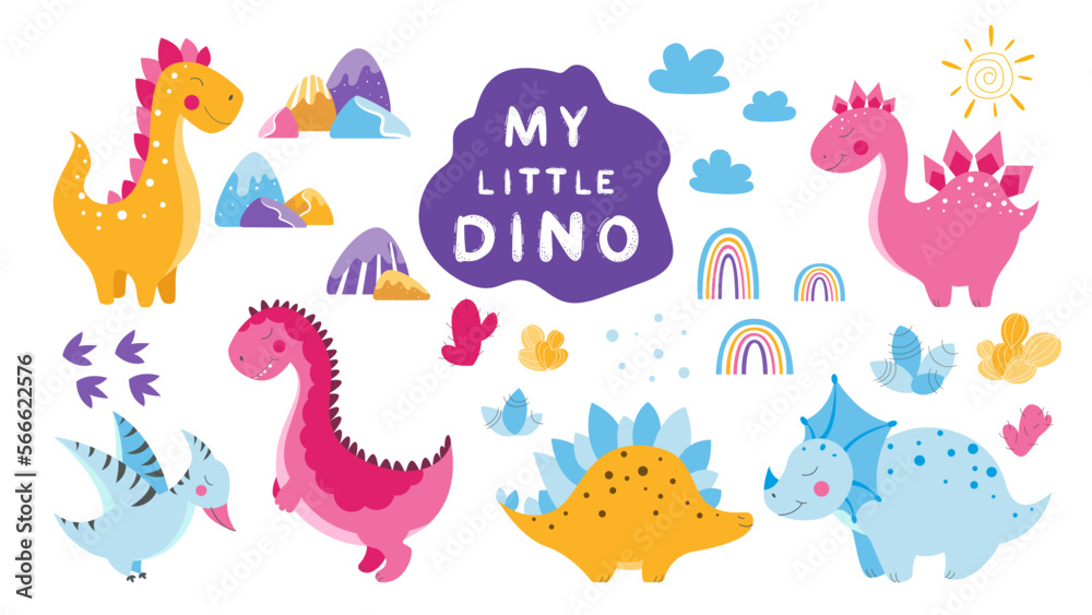 Set of cute dinosaurs, cute vector dinosaur illustrations, set of cartoon dinosaurs on white background, set of cartoon cacti, cute mountains Set of cute dinosaurs, cute vector dinosaur illustrations, set of cartoon dinosaurs on white background, set of cartoon cacti, cute mountains