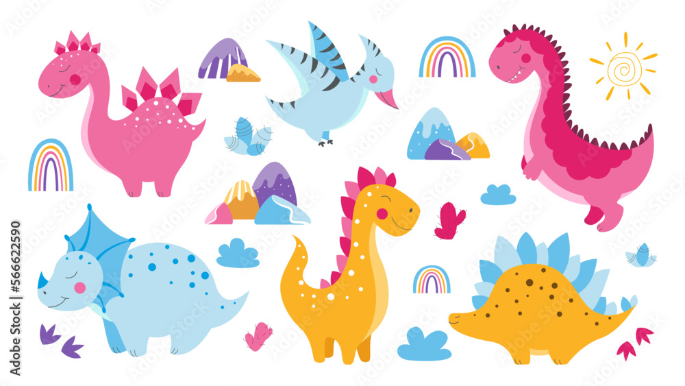 Set of cute dinosaurs, cute vector dinosaur illustrations, set of cartoon dinosaurs on white background, set of cartoon cacti, cute mountains