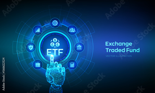 ETF. Exchange traded fund stock market trading investment financial concept. Stock market index fund. Business Growth. Robotic hand touching digital interface. Vector illustration.
