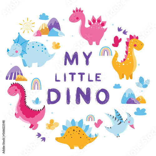 Set of cute dinosaurs, cute vector dinosaur illustrations, set of cartoon dinosaurs on white background, set of cartoon cacti, cute mountains