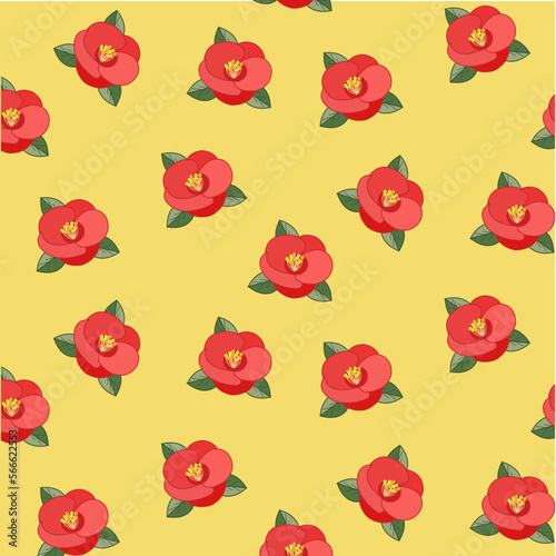 Vector image, abstract flora seamless pattern. Red flowers with green leaves on a yellow background for fabric, clothing, wrapping paper and packaging. Graphic design.