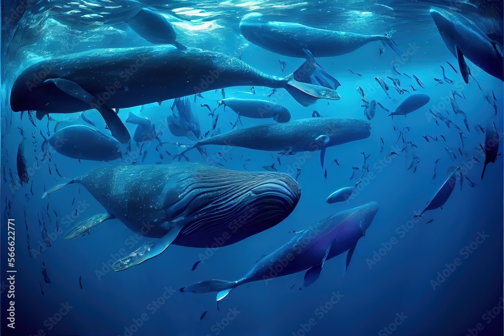 Fototapeta premium Generative AI illustration of shoals of blue whales under water, ocean