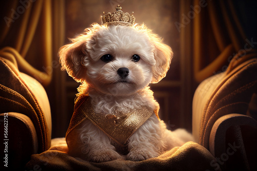 Cute maltipoo puppy queen wearing gold crown sitting on the wooden throne