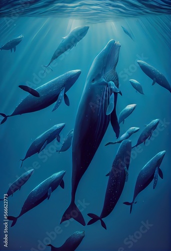 Generative AI illustration of shoals of blue whales under water, ocean © CravenA