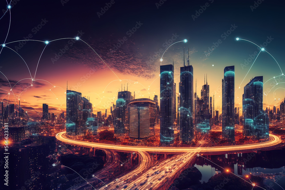 Smart city and communication network concept. Night city, neon lights, top view. AI