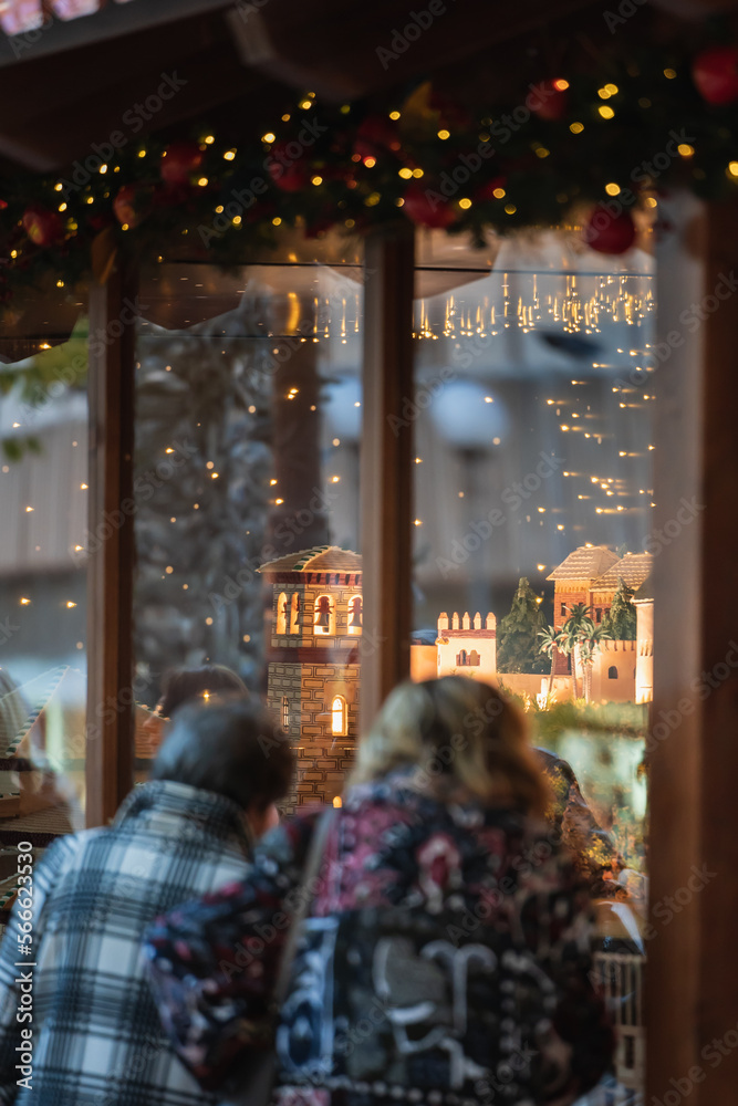 Women at Christmas looking at the nativity scene