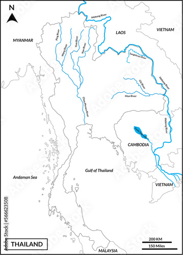Map of Thailand includes regions Mekong River, Mun, Chi, Chao Phraya, Ping, Wang, Yum, Nan River, borderline countries Myanmar, Laos, Cambodia, Vietnam, Gulf of Thailand, and Andaman Sea. Vector Map
