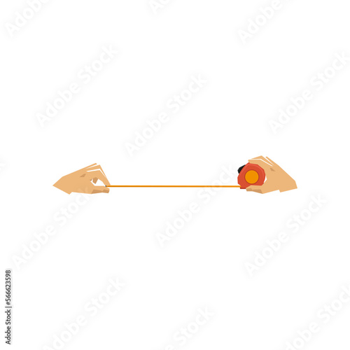 Hands of craftsman holding tape measure vector illustration. Cartoon drawing of hands with measuring instrument for construction on white background. Construction, industry, repair service concept