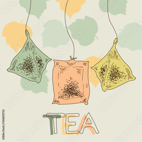 Tea bags banner or flyer. Tea shop label with hanging tea pyramids in retro syle
