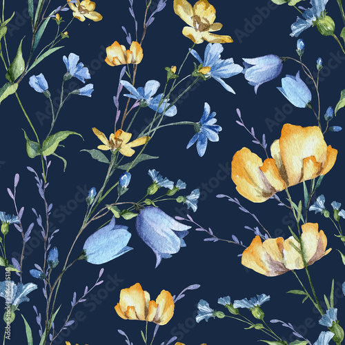 Floral seamless pattern with hand painted watercolor botany wildflowers on dark blue background. Wallpapers and wrapping paper design with detailed colorful realistic plants