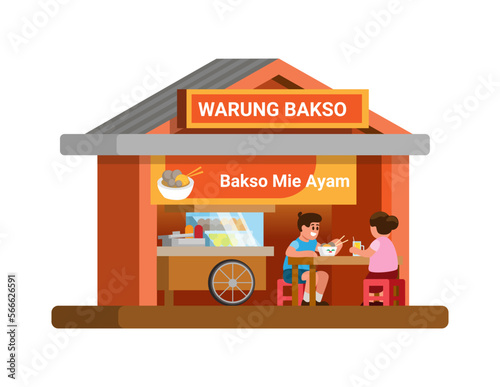 Warung Bakso Mie Ayam aka Meatball and Chicken Noodle Restaurant street food building flat cartoon illustration vector photo