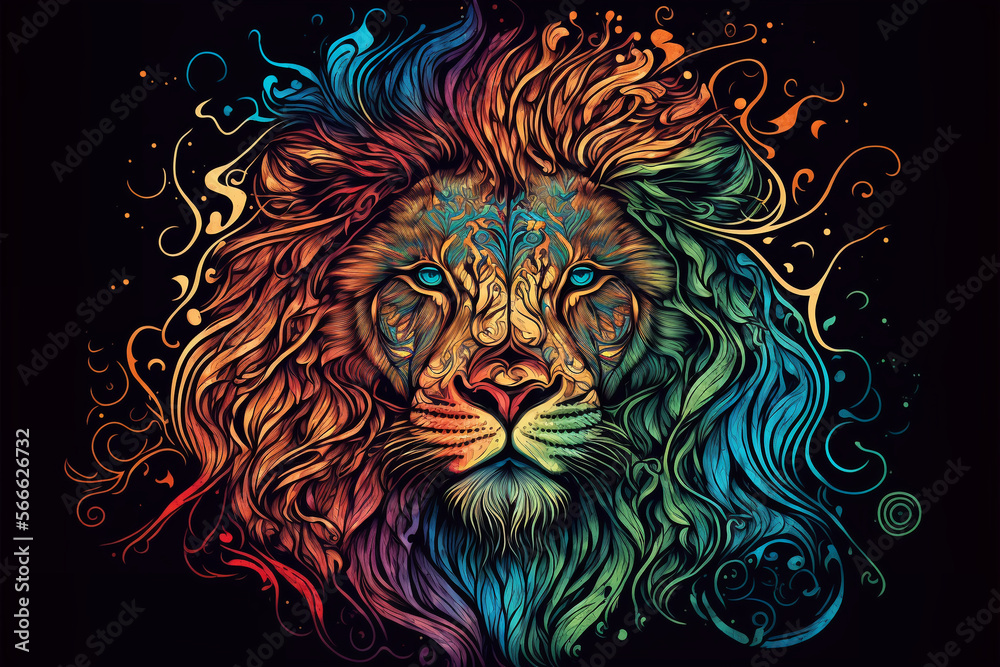 Colorful Lion in a psychedelic style background, Rainbow Lion fantasy, Neon Lion, generative ai.