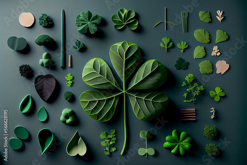 St. Patricks Day background with Shamrocks and Clovers from above, Generative AI photo