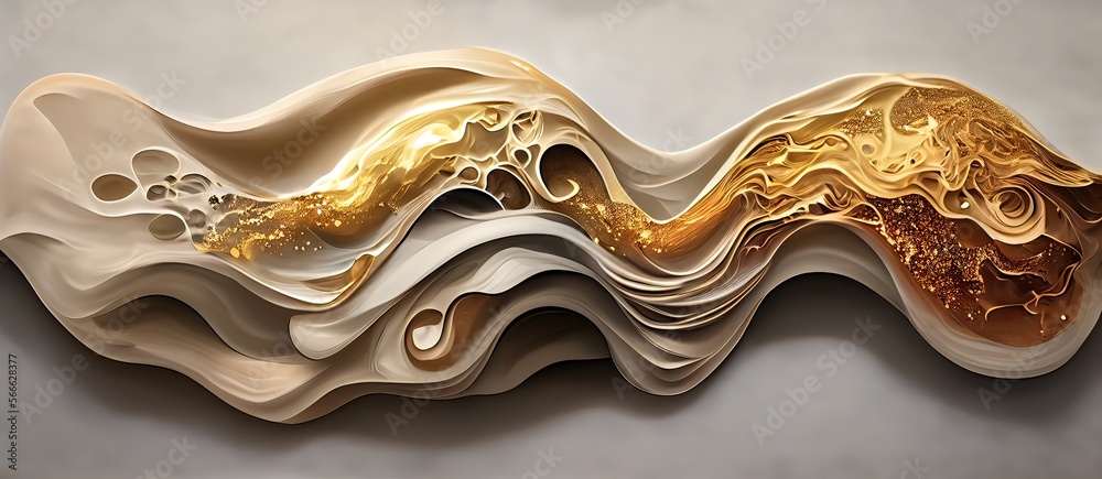 Generative AI illustration of abstract fluid composing waves of varying sizes and colors is divided into layers, taupe, ivory, white, beige, and soft gold colors, gold glitter