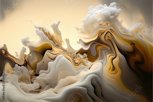 Generative AI illustration of abstract fluid composing waves of varying sizes and colors is divided into layers, taupe, ivory, white, beige, and soft gold colors, gold glitter