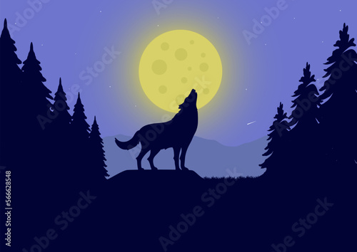 wolf howling at the full moon in the night forest vector illustration