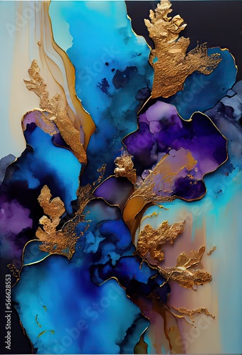 Generative AI illustration of alcohol ink painting, blue abstract, pastel tones with golden cracks