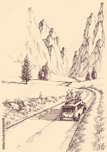 Family car on the mountain road. Hand drawn vector
