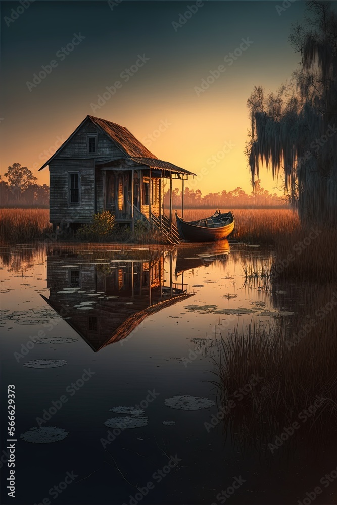 Fototapeta premium dramatic landscape sunset cajun swamp scene with shack and boat Generative AI