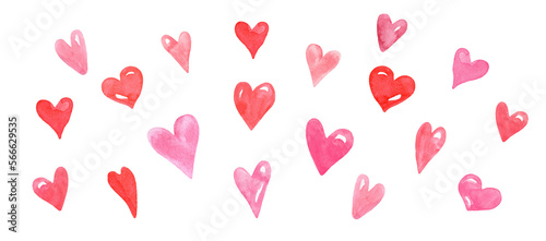Valentine's Day banner with hand-painted hearts. Illustration made in watercolor style. Holiday background. PNG clipart with transparent background.