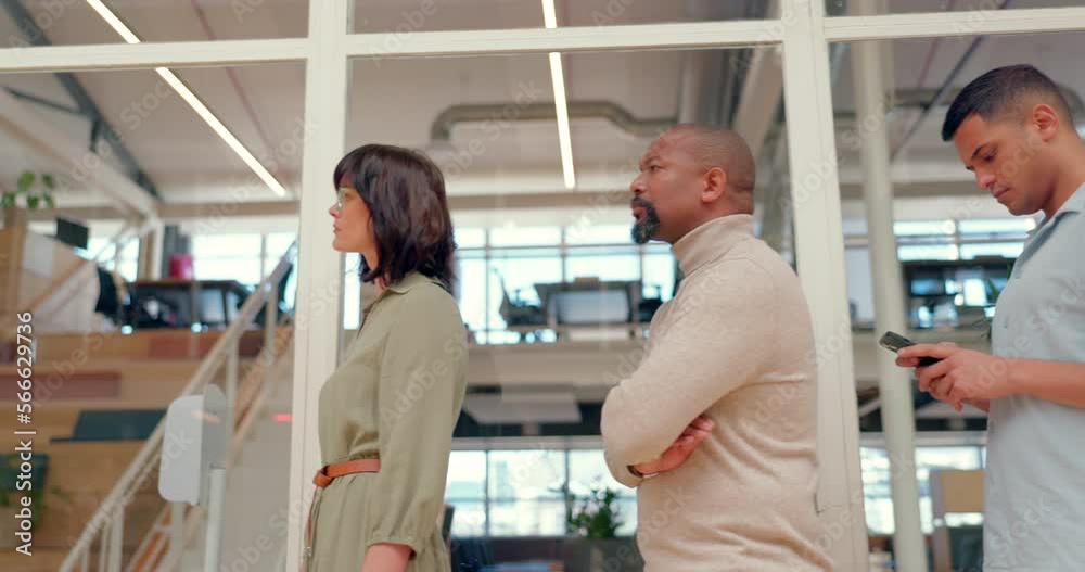 Office, diversity and queue with business people waiting in line to enter a professional company. Corporate, employee or delay with a man and woman workforce group standing in a row at work
