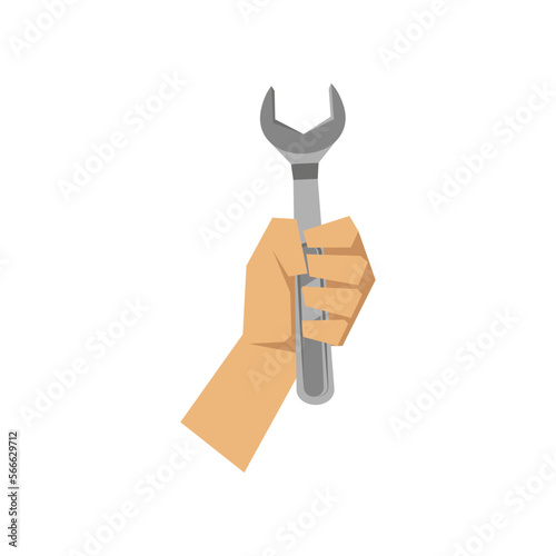 Hand of plumber holding wrench vector illustration. Cartoon drawing of hand with steel instrument for plumbing on white background. Construction, industry, repair service concept