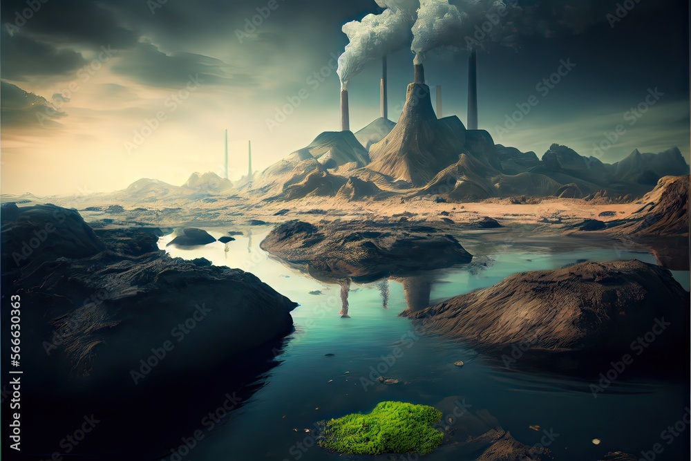Fototapeta premium Generative AI illustration of landscape with ecological disaster. Polluted earth and ocean