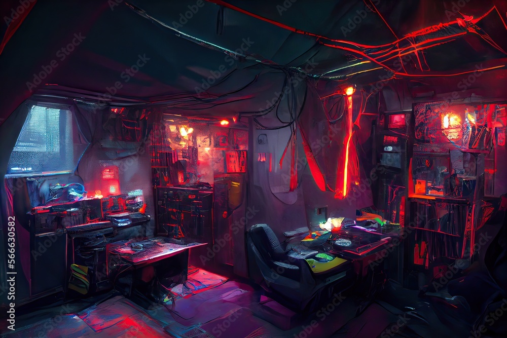 Generative AI illustration of messy and dark cyberpunk hacker hideout room with lights