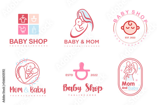 happy baby and mother icon set logo design.badges for children store & baby care center.illustration