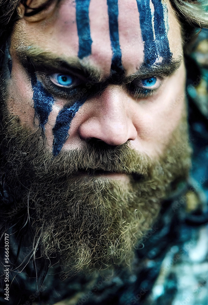 Angry fictional viking warrior with war paint in his face as closeup ...