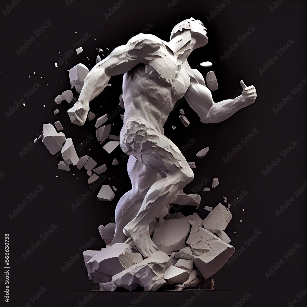 Generative AI illustration of realistic stone man sculpture broken and pieces in black background. Motivation and surpassing yourself concept