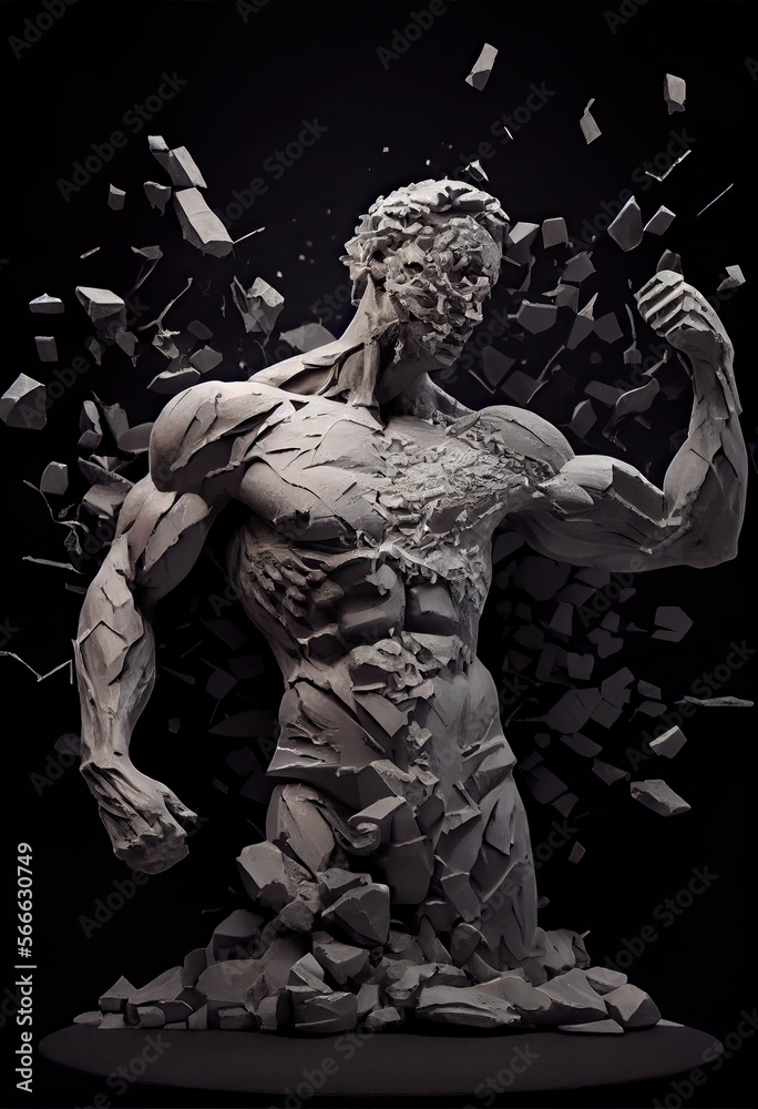 Generative AI illustration of realistic stone man sculpture broken and pieces in black background. Motivation and surpassing yourself concept