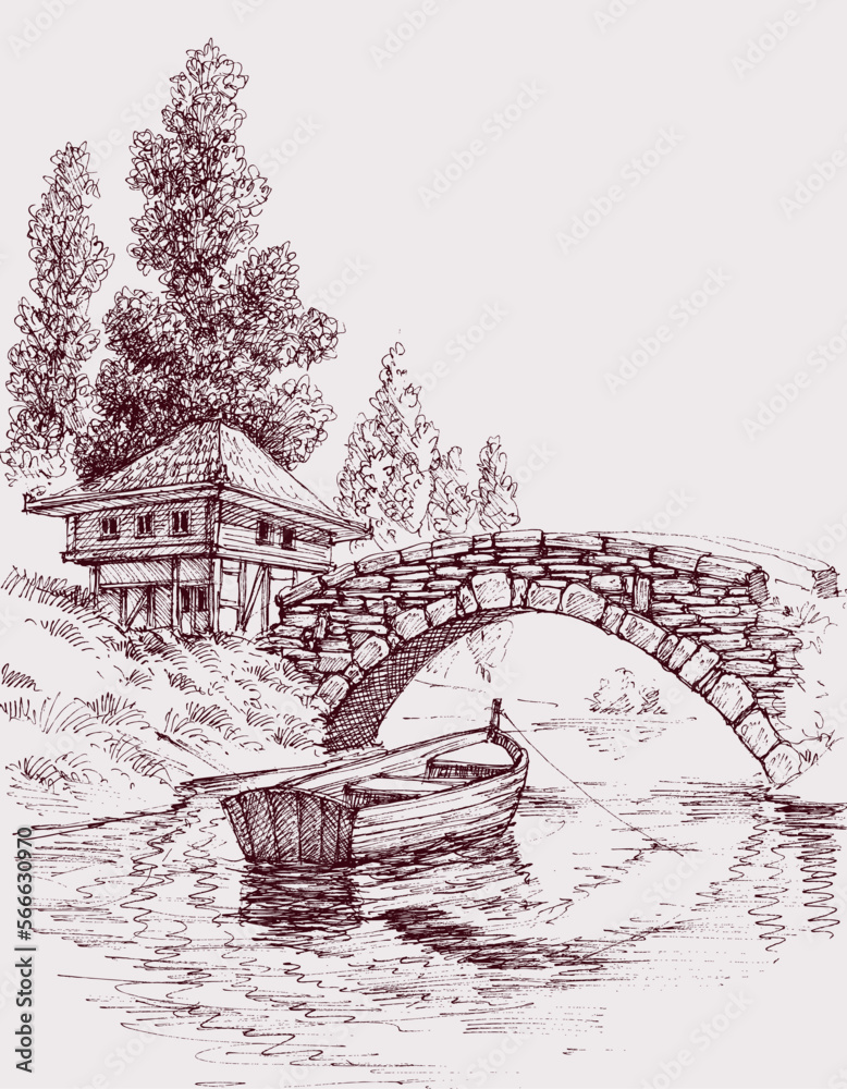 Stone bridge over river to a house cabin vector illustration