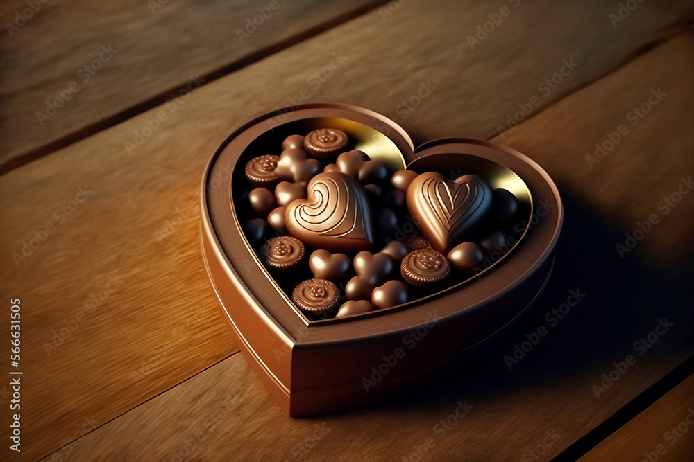 Box of chocolate sweets in heart shape. Top view illustration. Realistic 3d design, romantic valentine's day concept generated by AI