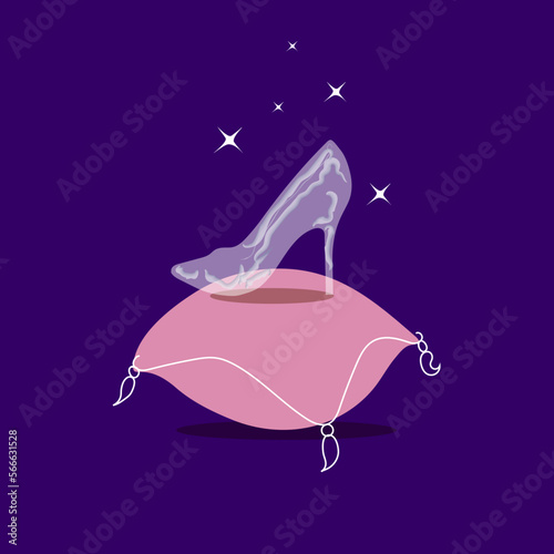 one flat design princess slipper, fashion,beauty legend vector. beautiful elegance Crystal glass shoe isolated cartoon with diamond or Ice clear,clean shoe of cinderella on red pillow or cushion