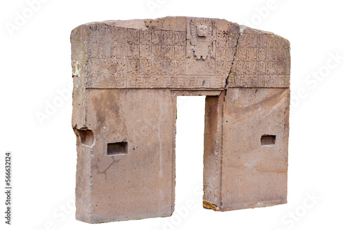 La Puerta del Sol sobre fondo blanco, ubicado en Tiwanaku, La Paz - Bolivia al borde del lago Tititcaca