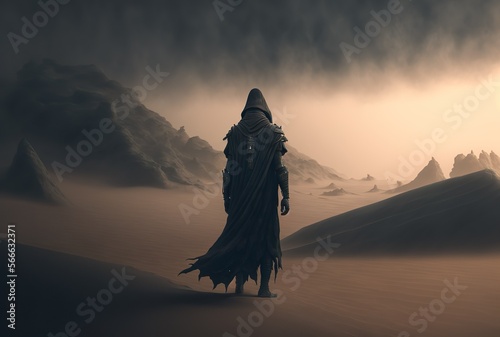 freemen's in rock, dune, dark atmosphere, fog, very realistic. generative ai