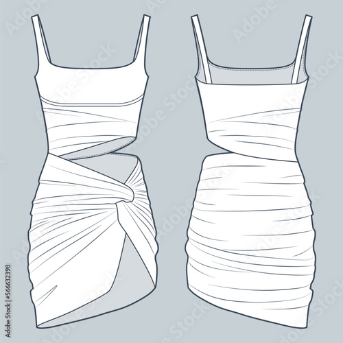 Asymmetric Draped Dress technical fashion illustration. Mini Dress fashion flat technical drawing template, cutouts, draped, straps, front and back view, white, women CAD mockup.