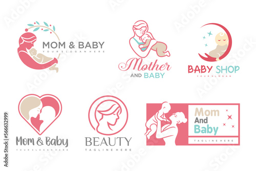 happy baby and mother icon set logo design.badges for children store & baby care center.illustration