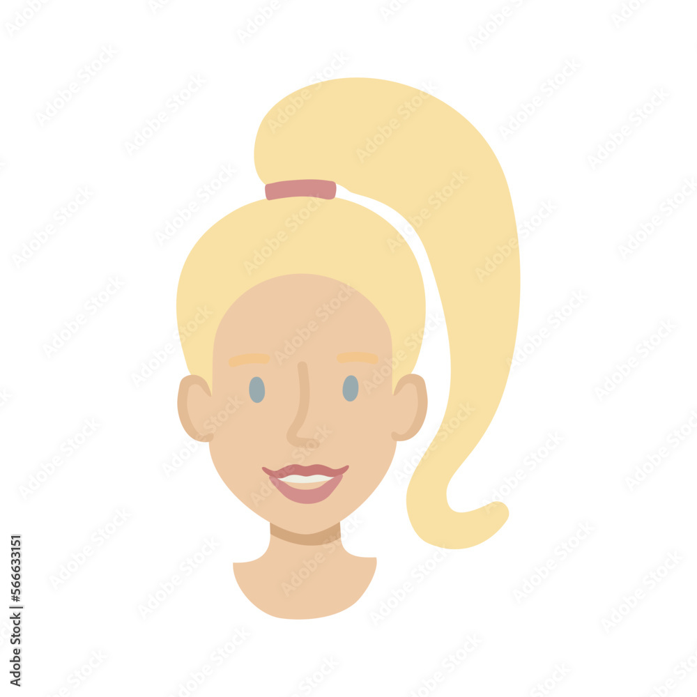 Girl face flat. Friendly young woman with long blonde hair in ponytail. Hand drawn vector illustration. Girl face flat. Friendly young woman with long blonde hair in ponytail. Hand drawn vector illustration.