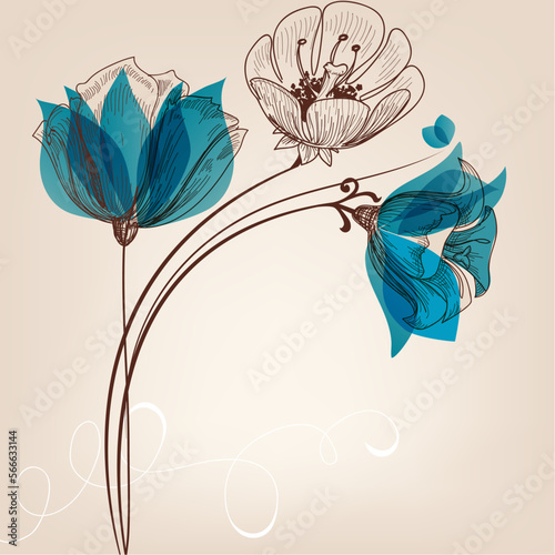 Turquoise flowers greeting card, invitation for festive events
