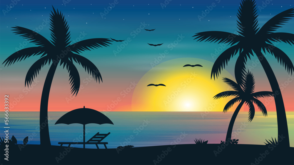 beach with trees.Sunset palm Trees summer background